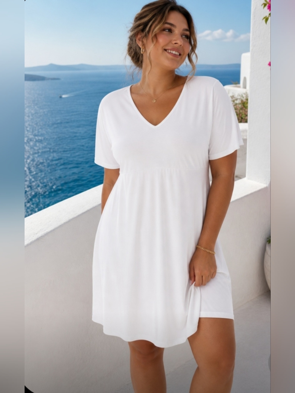 Capella White Flowy Short Sleeve V Neck Dress NWOT Large Coastal Resort